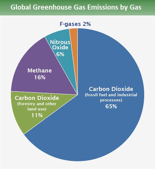 Pie chart titled 'Global Greenhouse Gas Emissions by Gas' showing Carbon Dioxide from fossil fuel and industrial processes at 65%, Carbon Dioxide from forestry and other land use at 11%, Methane at 16%, Nitrous Oxide at 6%, and F-gases at 2%.